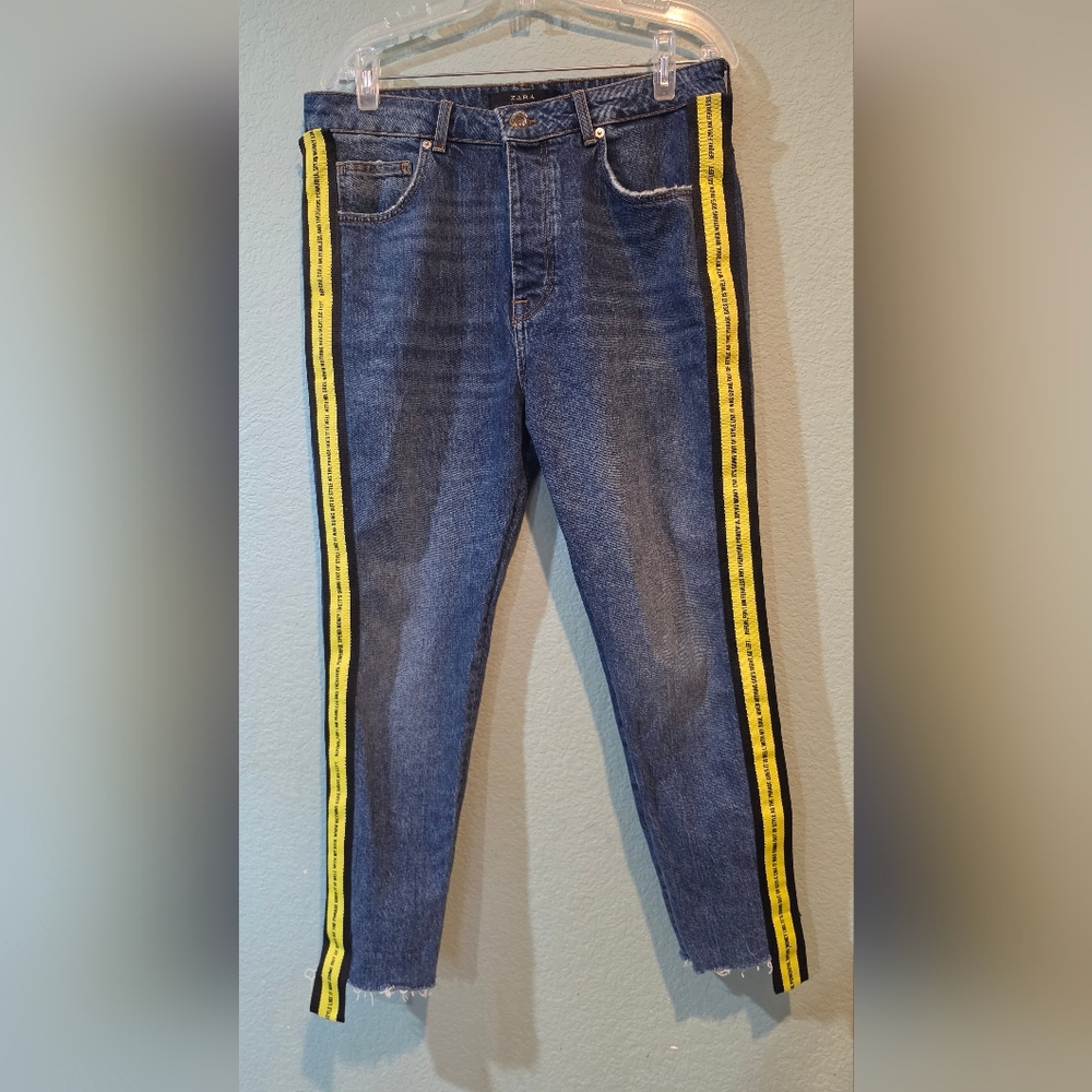 Zara Denim Jeans Jnco Style Yellow Stripe Streetwear Edgy Graphic Quote Urban 32